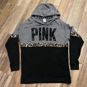 Victoria's Secret Pink Hoodie Gray Black Gold Bling Small EUC